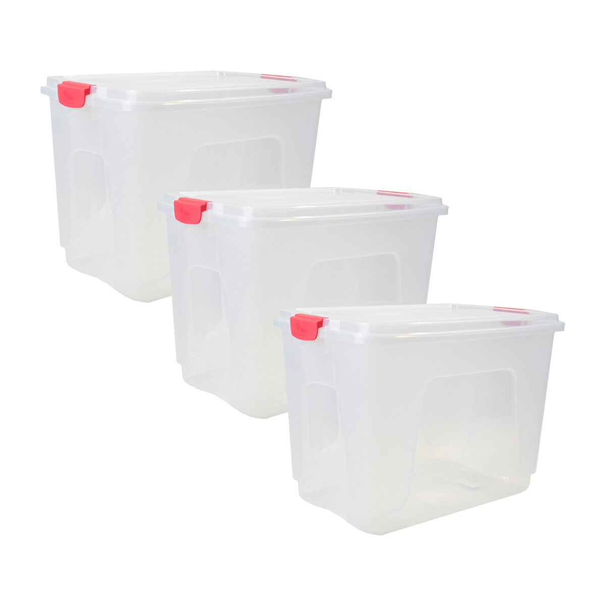 Set x3 Caja organizadora 50 lts de plástico reforzada - TRANSPARENTE CON ROJO 