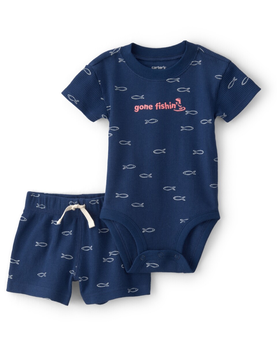 Set dos piezas de algodón térmico, short y body, azul, diseño peces 