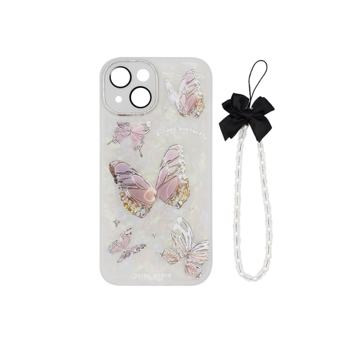Protector para iPhone 15 diseño mariposas + correa 