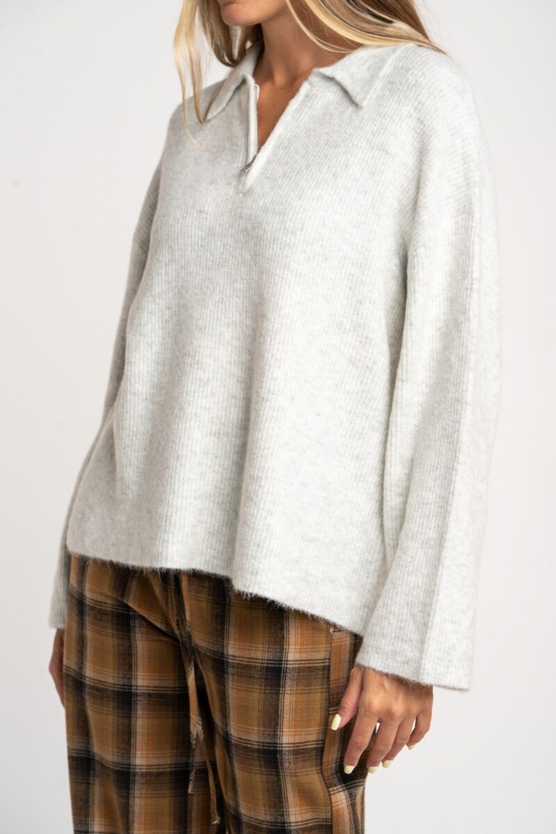 Sweater Polo Medio Cierre Gris Melange