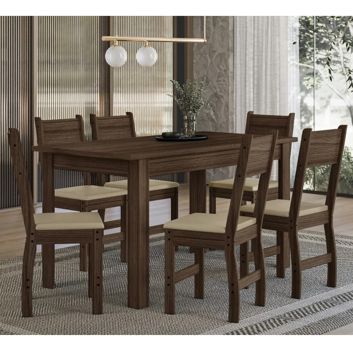 JUEGO DE COMEDOR MESA Y 6 SILLAS CON ASIENTO TAPIZADO 