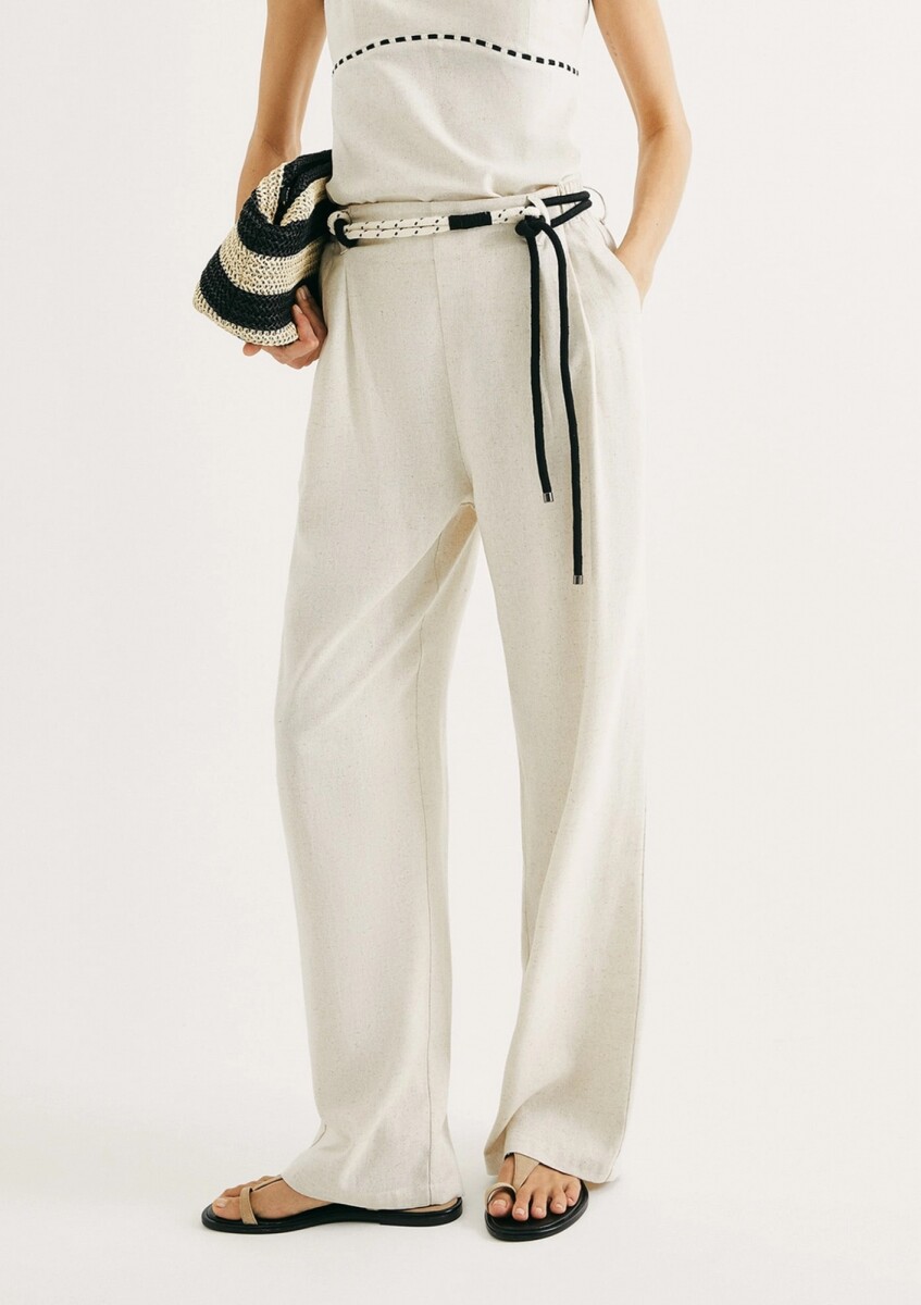 PANTALÓN RECTO CON CINTURÓN EN LINO - BEIGE 