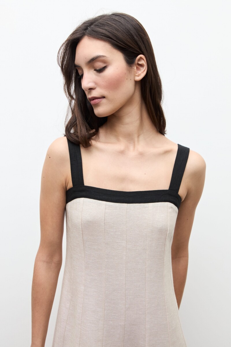 Vestido lino cortes verticales beige melange
