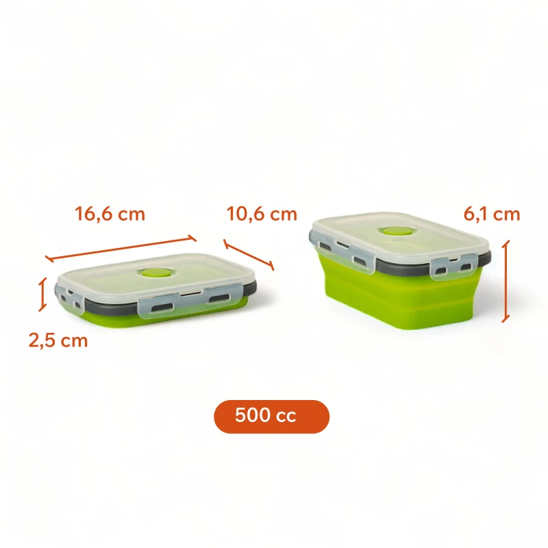 Set X4 Taper Contenedor Silicona Plegables Tapa Plastico Hermetica Verde