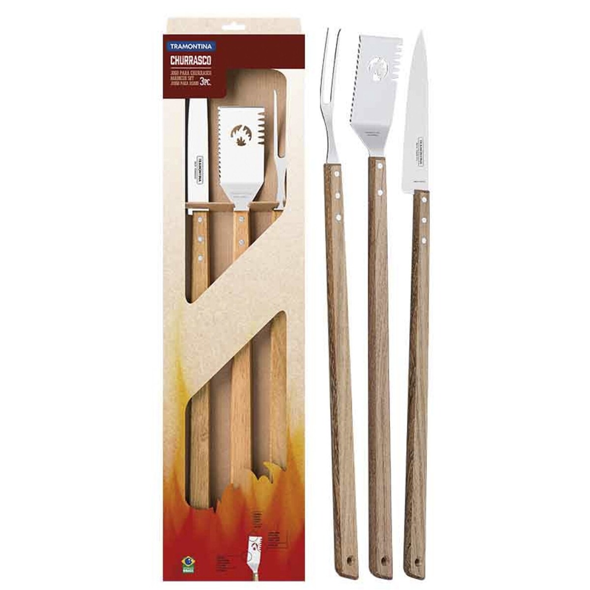 Juego de 3 Utensilios Largos para Asado Tramontina Churrasco - Marrón 