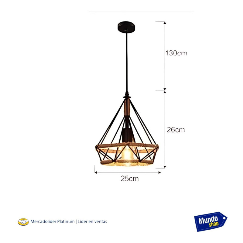 Lampara Colgante Diamante De Techo Decorativo Cuerda Metal Negro