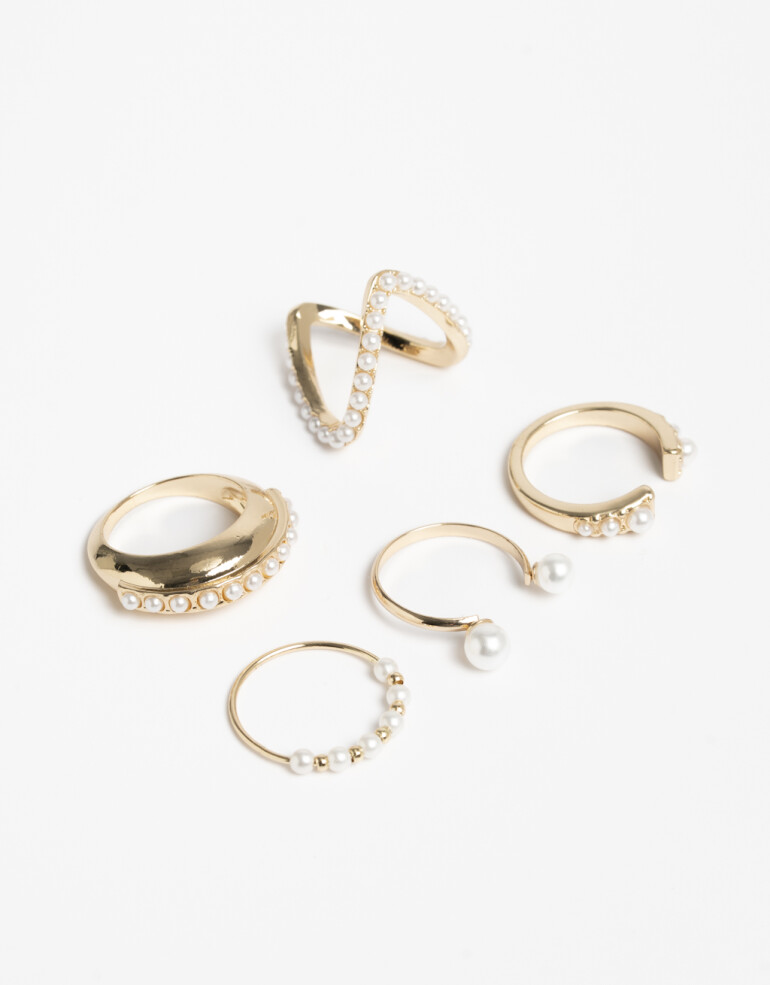 Sets Anillos Perlas Set De Anillos Con Perlas - Dorado
