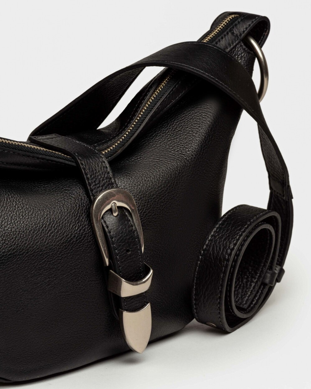 Bandolera Bambú En Cuero Satinado Negro