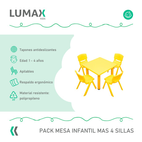 Pack Mesa Infantil Lumax Cuadrada + 4 Sillas Amarillo