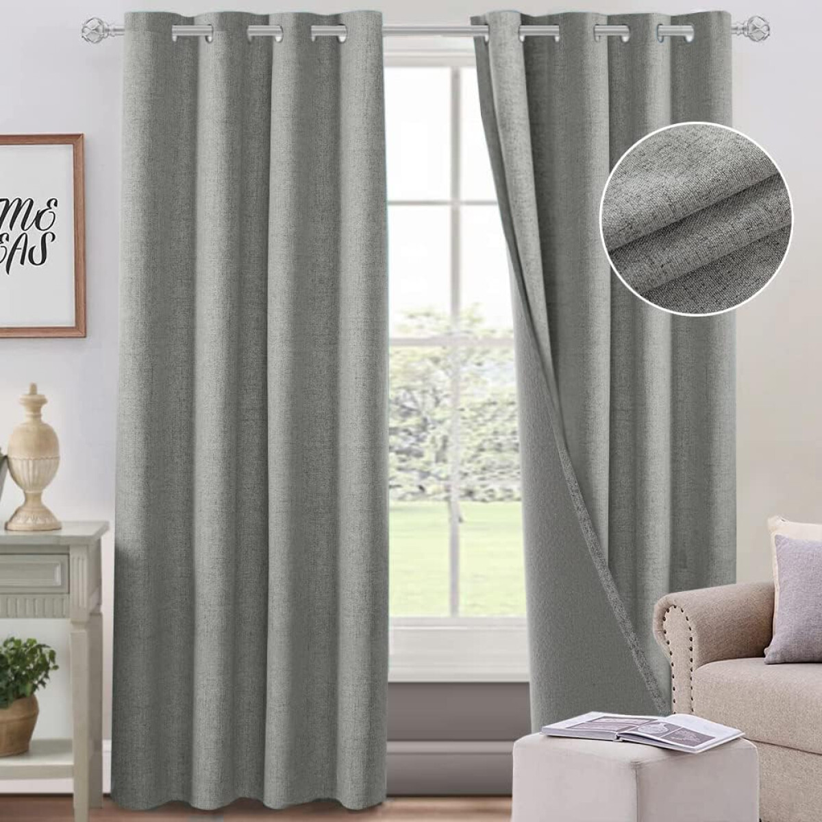 Cortina 2 Paños 106 X160 Cm Textura Lino - Gris 