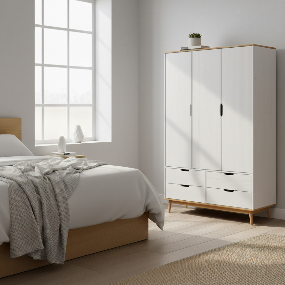 Ropero - 3 Puertas - 4 Cajones - Línea Nórdica Roble/Blanco
