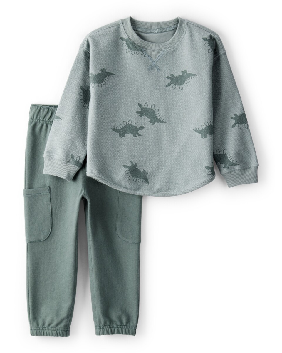 Set dos piezas de algodón, pantalón y buzo, verde, diseño dinos 