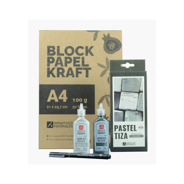 Kit Block Kraft + Pastel Tiza Tonos Grises Única