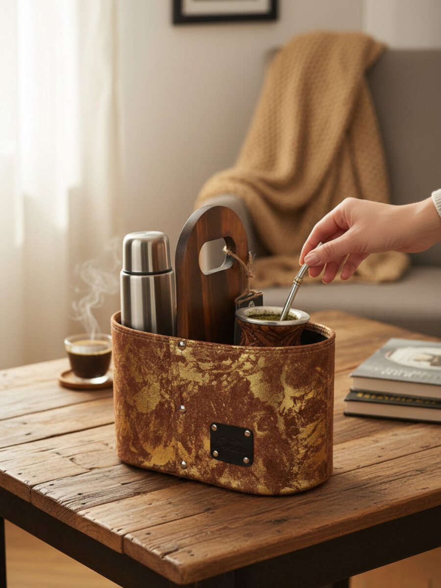 Matera Artesanal de Cuero con Detalles Metalizados - Durazno con dorado 