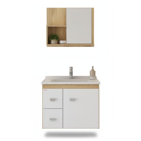 Mueble de Baño Suspendido SMART 56 cm | Bicolor Blanco/Carvalho con 2 Cajones y Espejo Mueble de Baño Suspendido SMART 56 cm | Bicolor Blanco/Carvalho con 2 Cajones y Espejo