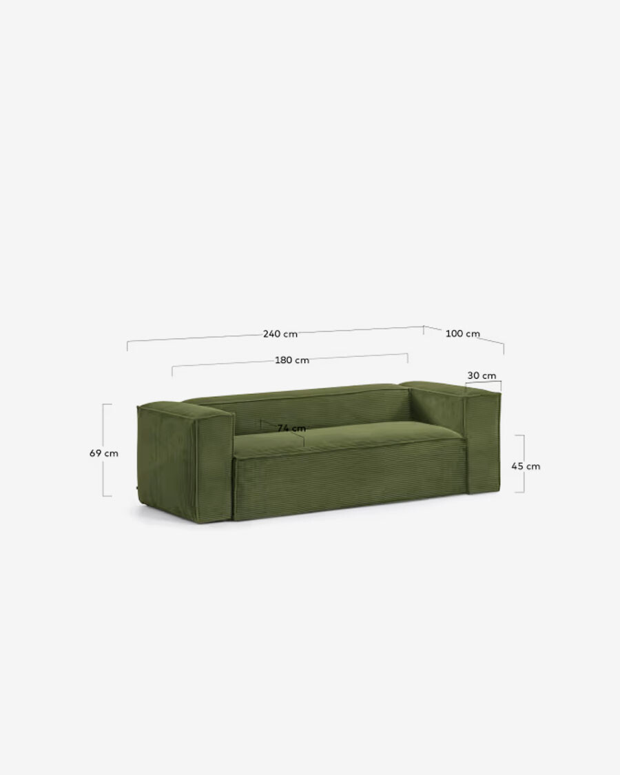 Sofá Blok 3 plazas pana gruesa verde 240 cm