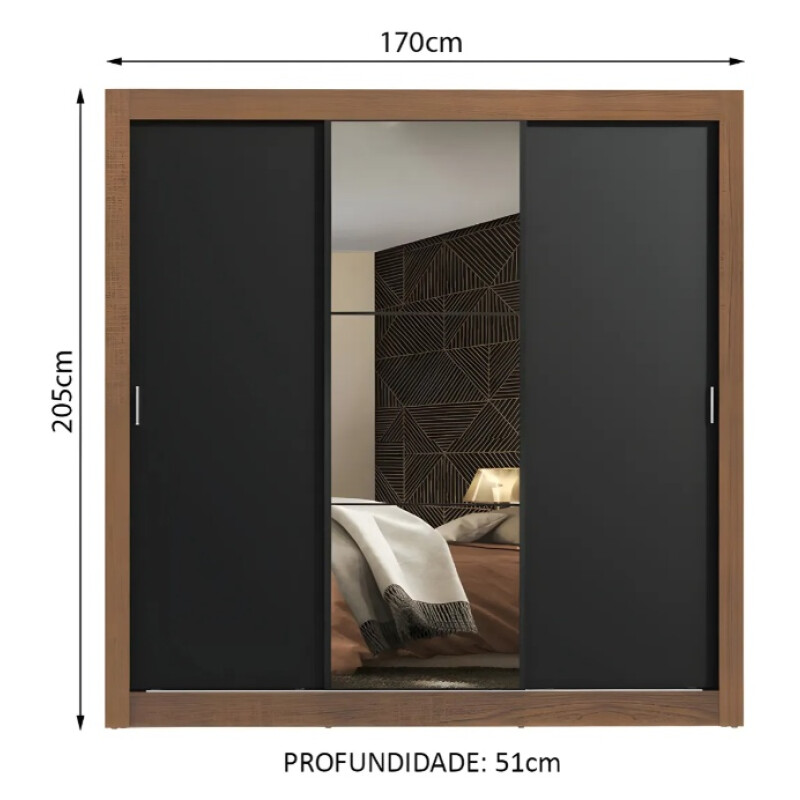 Ropero Placard 3 Puertas Corredizas 1 Espejo Monaco Negro