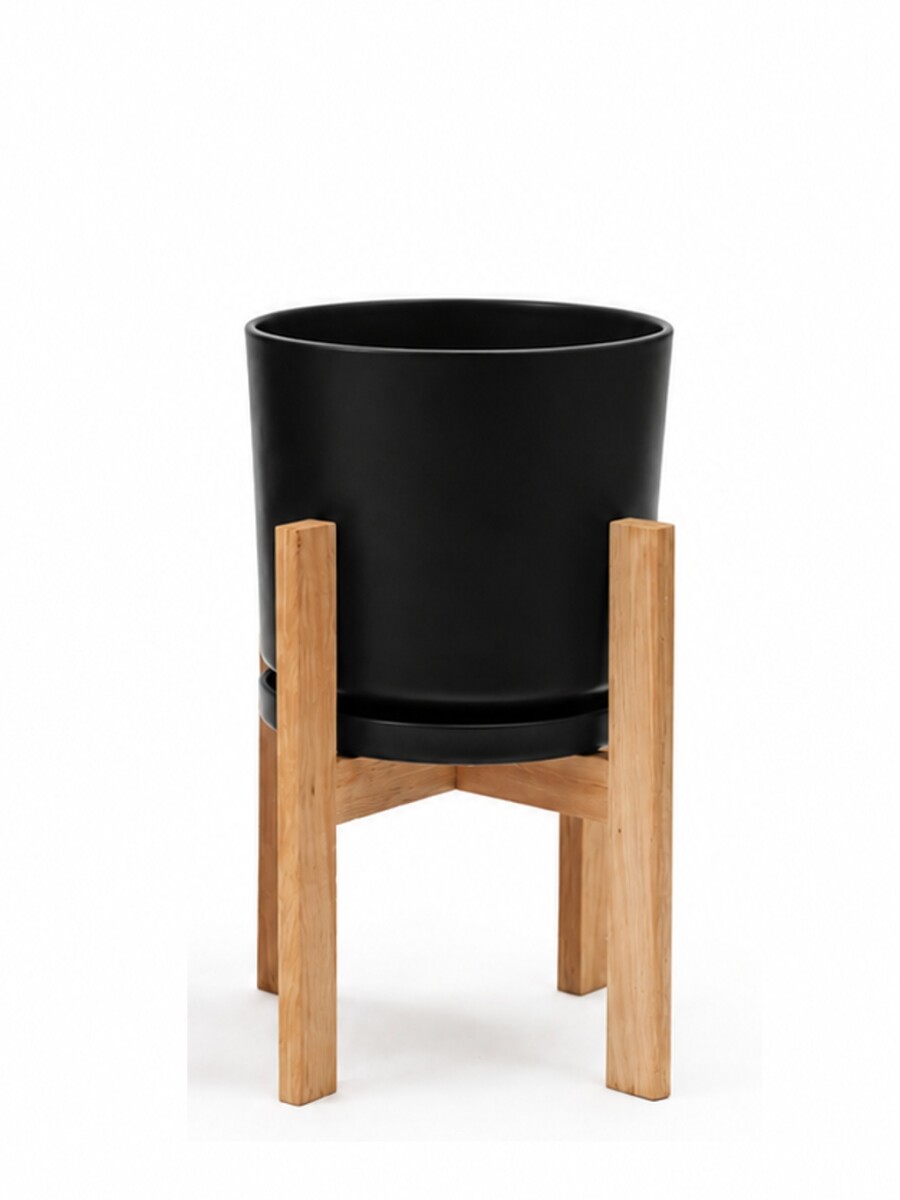 MACETA CERAMICA GRANDE CON SOPORTE BAJA NEGRA