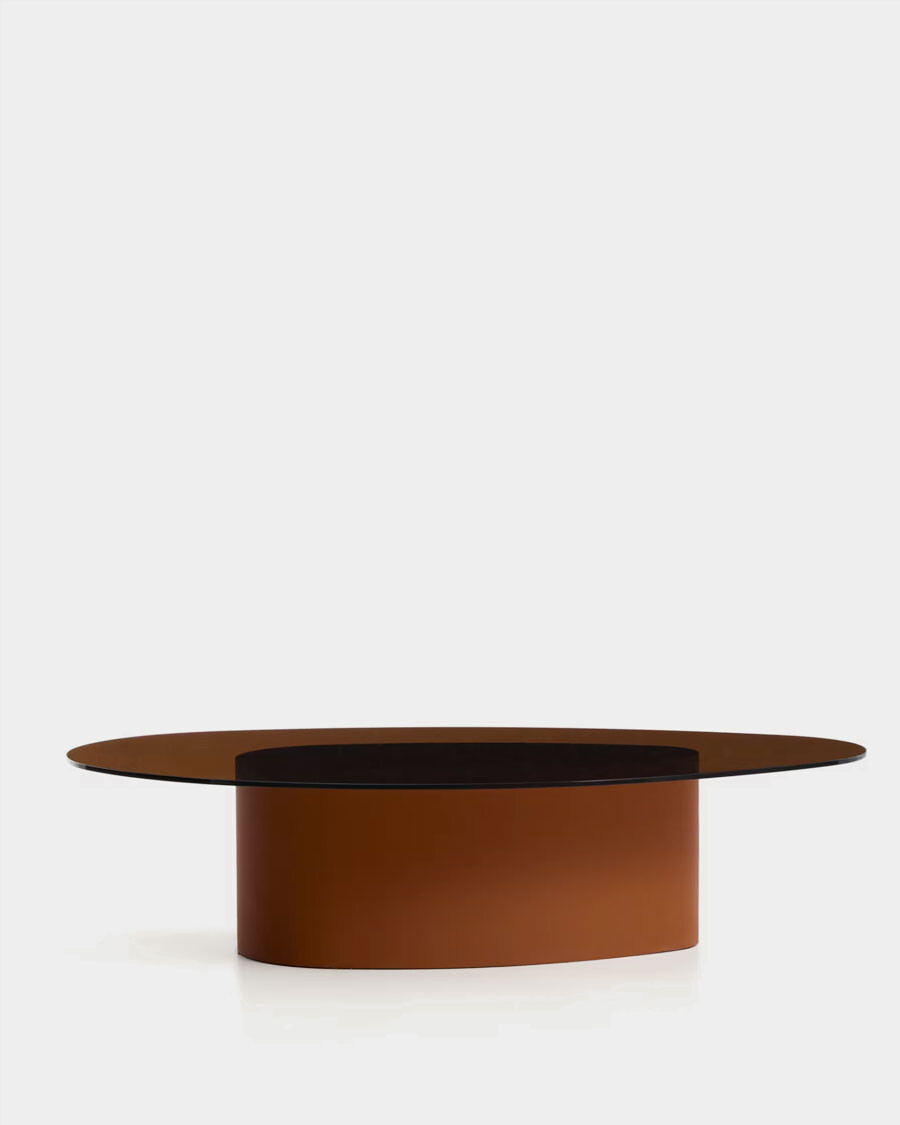 Mesa de centro Olir de vidrio templado y acero marrón 140 x 80 cm Mesa de centro Olir de vidrio templado y acero marrón 140 x 80 cm