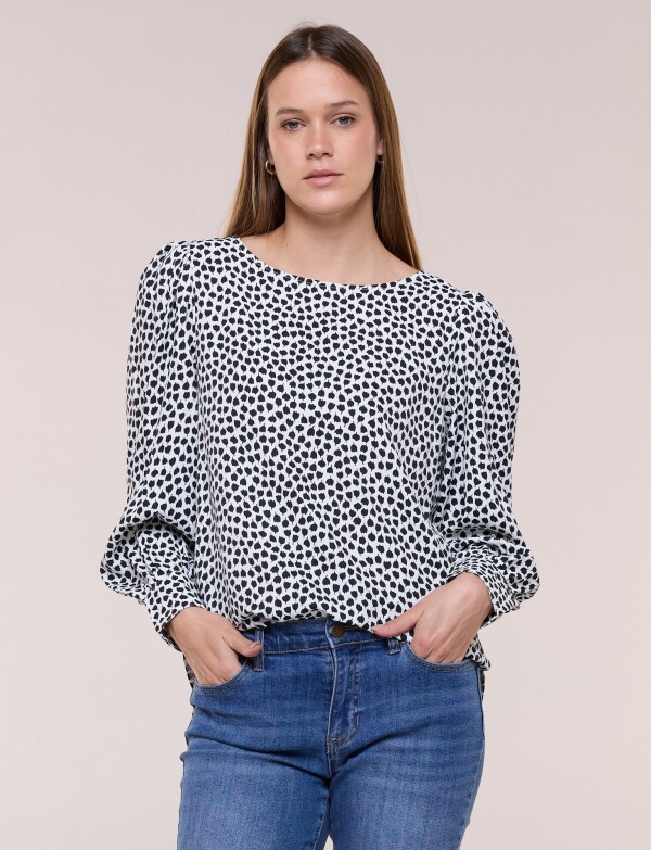 Blusa Manga Larga Abullonada Con Puño Ancho BLANCO/NEGRO