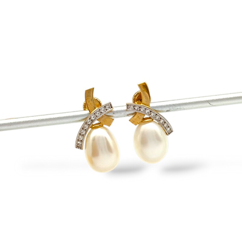 Caravanas cruz Perlas y piedra - Oro bajo - Perla de río y Zirconias - CA8050 conperla