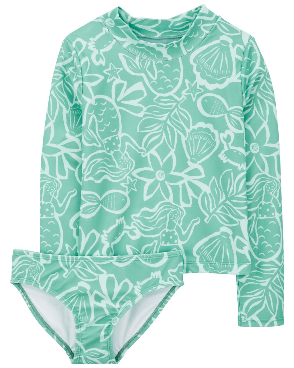 Traje de baño dos piezas con manga larga y protección UPF 50+, diseño sirenas. Talles 6-8 