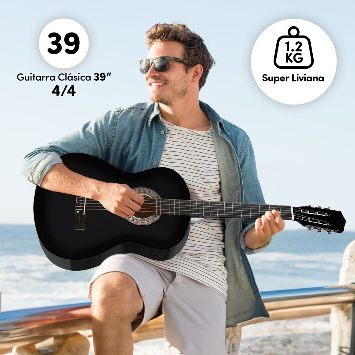 Guitarra Criolla Clasica Tamaño 4/4 39 Para diestros Con Estuche Funda Y Puas Imback Color Negro 