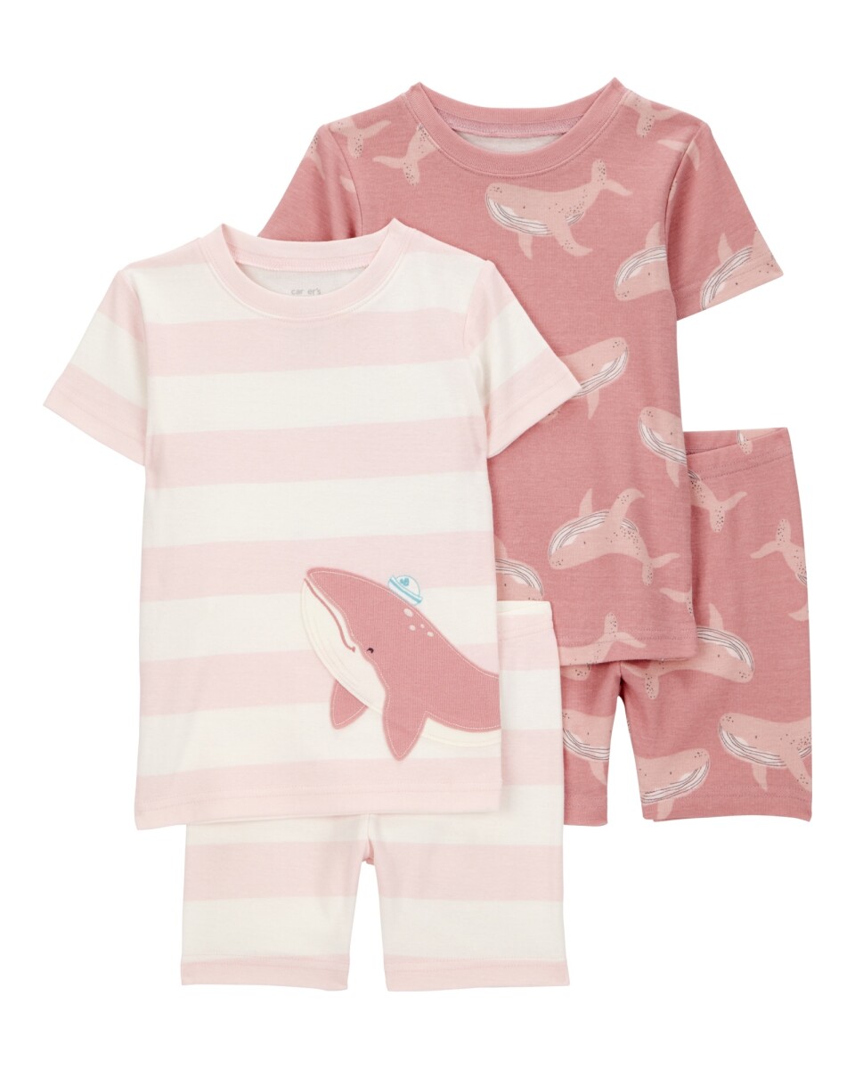 Pijama cuatro piezas de algodón, dos bermudas y dos remeras, diseño ballenas. Talles 12-24M 