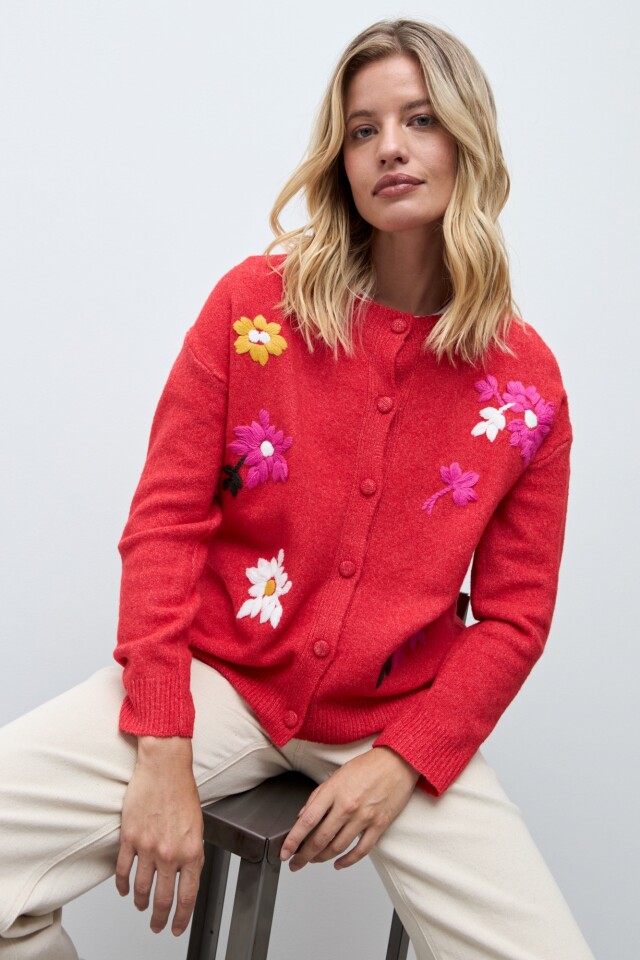 Cardigan bordado floral multicolor rojo