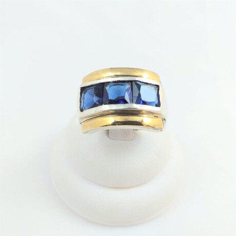 Anillo de plata 925 con detalles de double en oro 18K, circonias azules, diámetro interno 14mm #13. Anillo de plata 925 con detalles de double en oro 18K, circonias azules, diámetro interno 14mm #13.