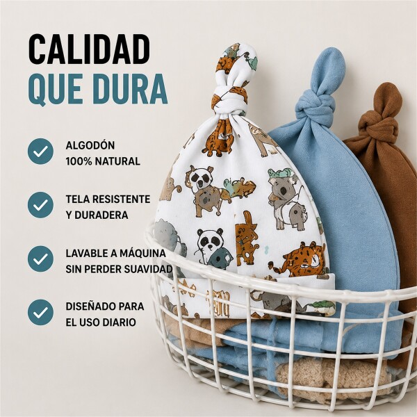 Set X3 Gorros para Bebé 100% Algodón con Nudo Celeste 1