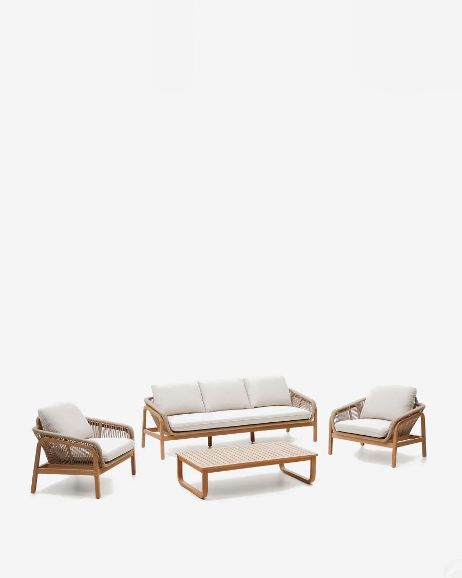 Set Vellana sofá 3 plazas, 2 sillones y mesa centro madera maciza acacia FSC 100% cuerda b Set Vellana sofá 3 plazas, 2 sillones y mesa centro madera maciza acacia FSC 100% cuerda b