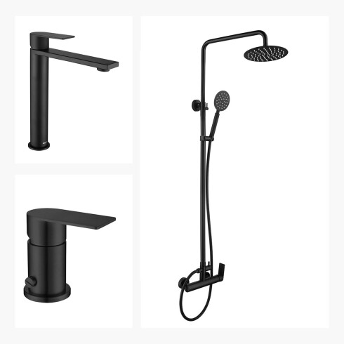 JUEGO DE GRIFERIA NEGRO BARRAL DE DUCHA LAVATORIO ALTO Y BIDET NEGRO