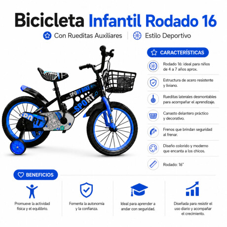 Bicicleta Infantil Rodado 16 C/Rueditas Aux Estilo Deportivo Celeste