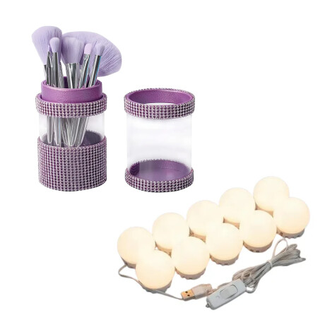 Set Maquillaje 7 Brochas Suaves + Luces LED Espejo 10 Focos Violeta