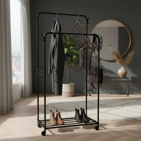 Perchero Armario Doble Barral Zapatera Ganchos Laterales Negro