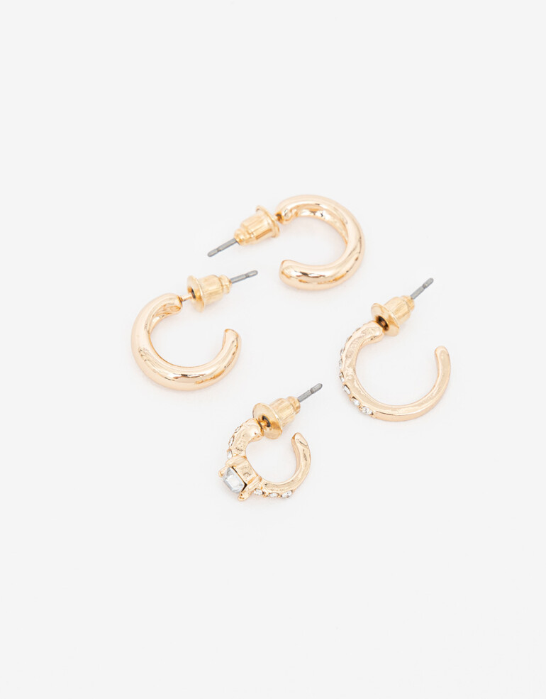 Aros Argollas Set Strass Set De Aros Argolla Metal Y Strass - Dorado