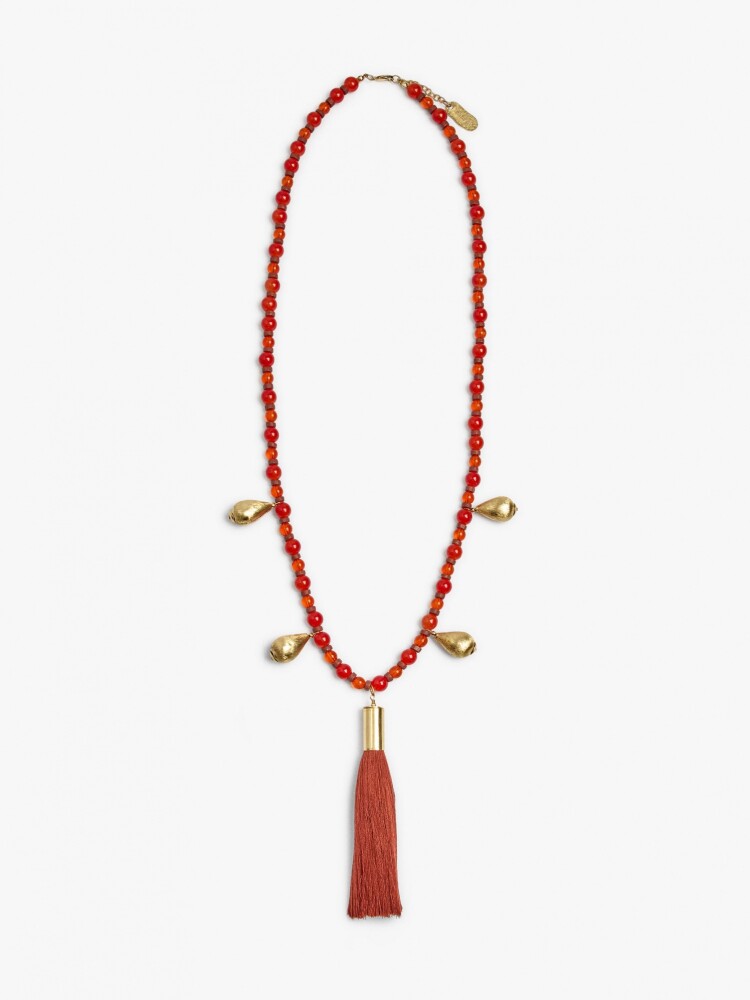 Collar Largo Con Cuentas De Vidrio Y Borla naranja