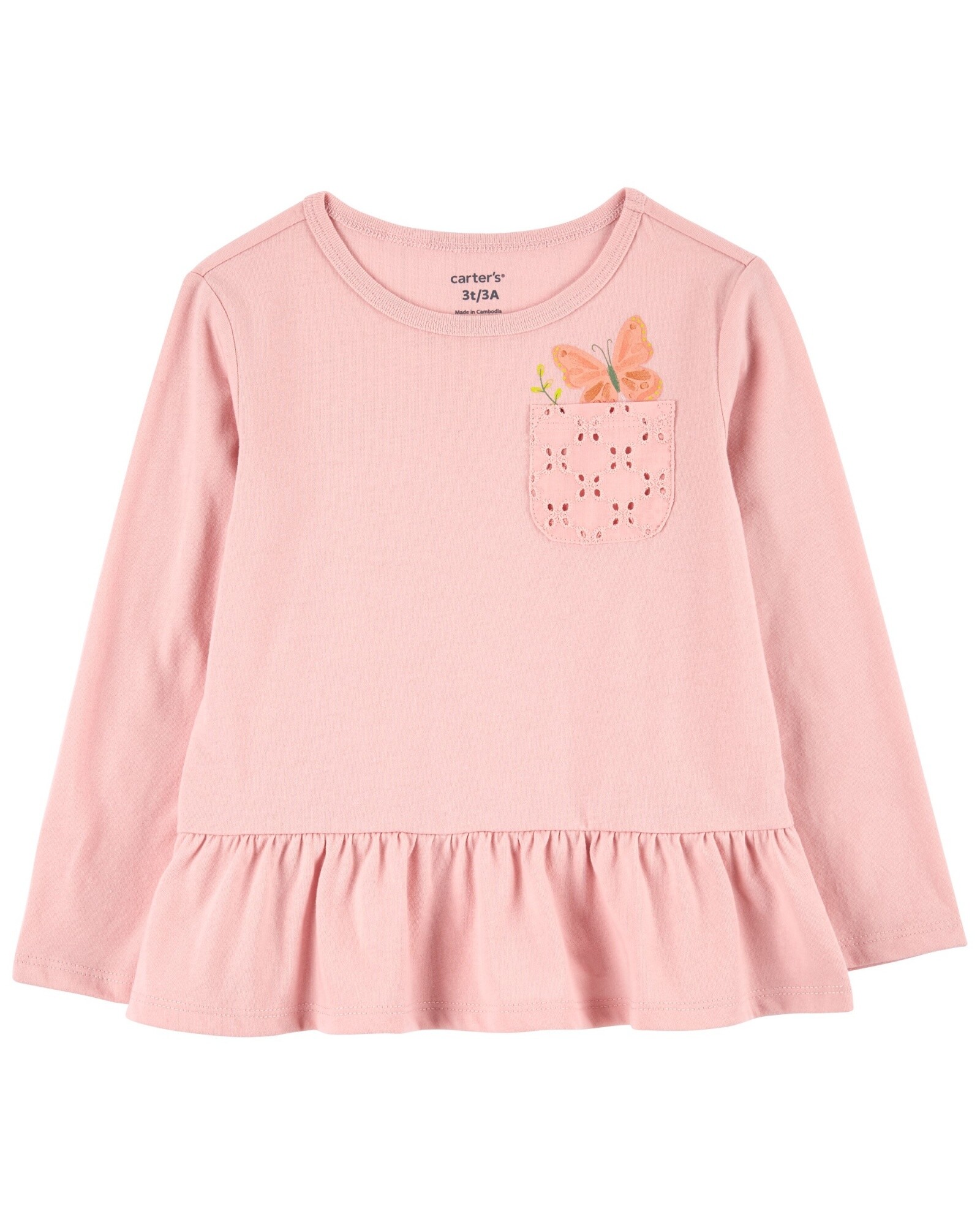 Remera de algodón con bolsillo de ojales y estampa mariposa. Talles 0-24M Sin color