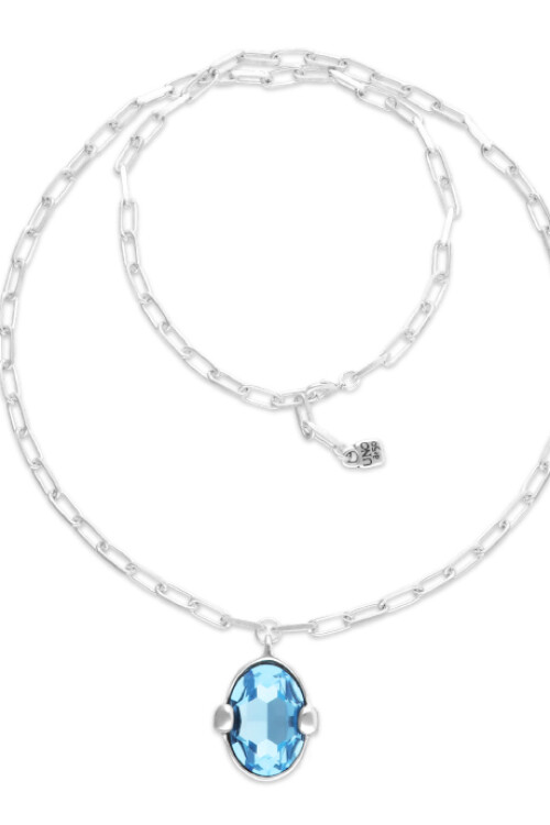 COLLAR LARGO DE ALEACIÓN DE METALES BAÑADO EN PLATA DE LEY CON CRISTAL FACETADO AZUL Colgante