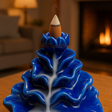 Porta incienso cono fuente cascada de ceramica en forma de flor Azul