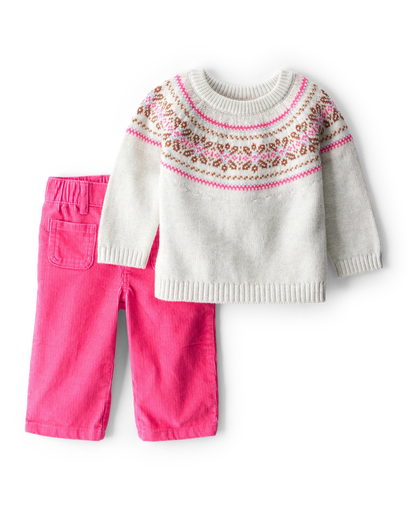 Set dos piezas, pantalón de pana rosa y buzo de algodón, diseño Fair Isle Sin color