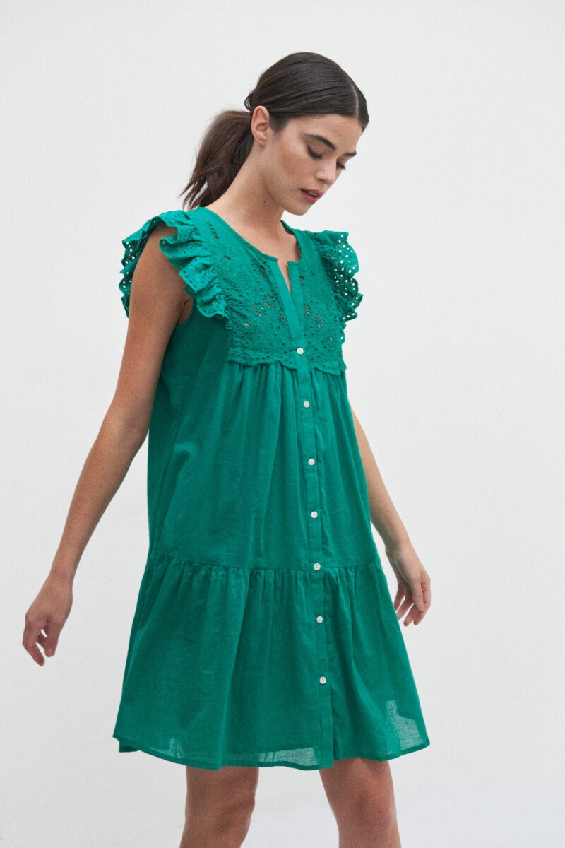 Vestido romántico con broderie - verde 