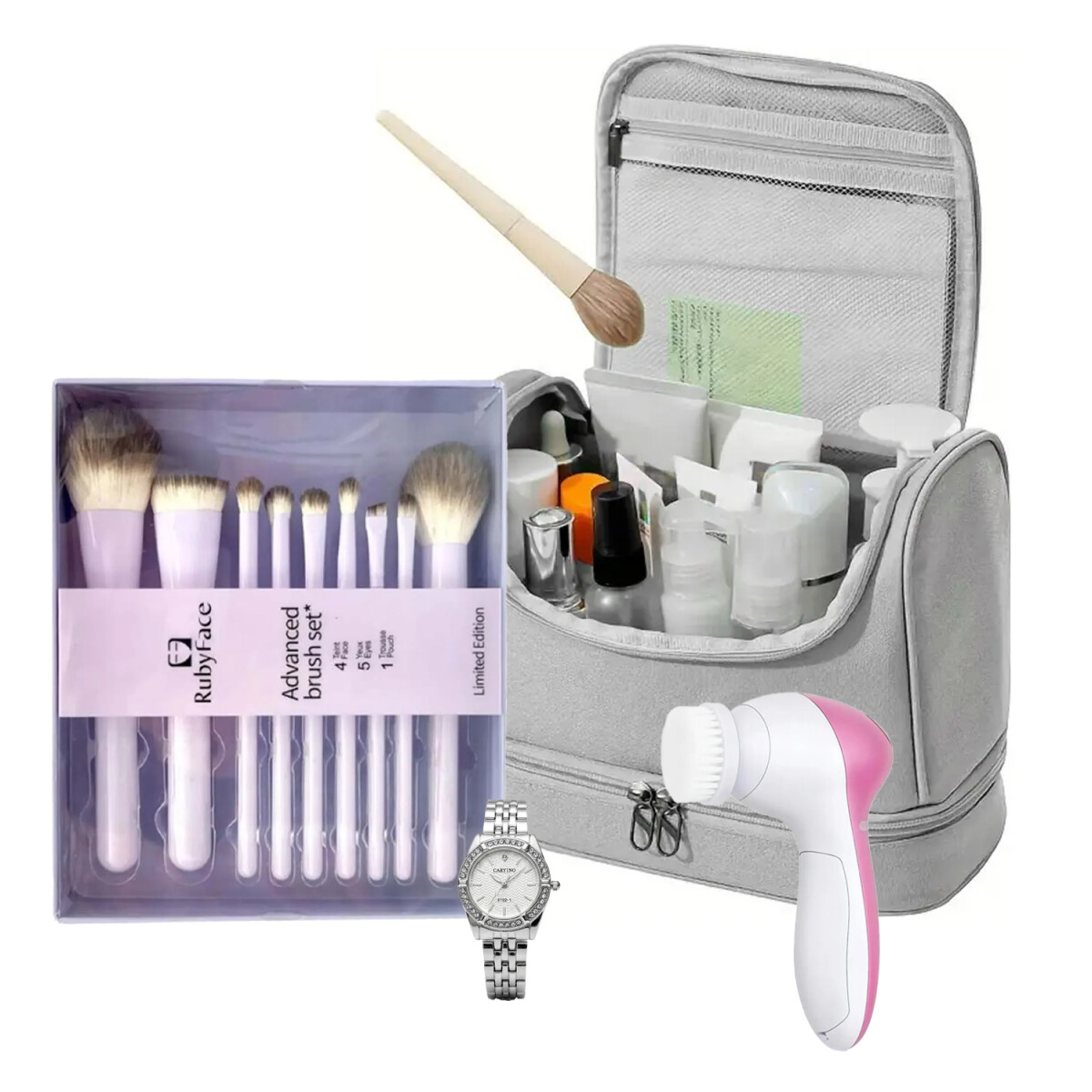 Set Reloj Mujer+7 Brochas Maquillaje+Neceser+Spa Facial 5en1 - Plateado 