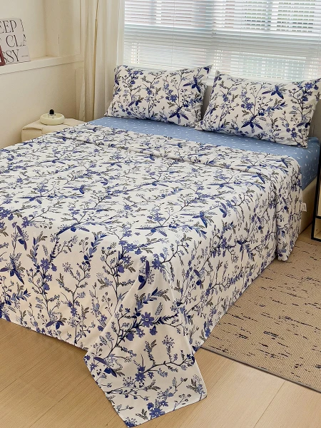JUEGO DE SÁBANAS SOMMIER FLORAL AZUL