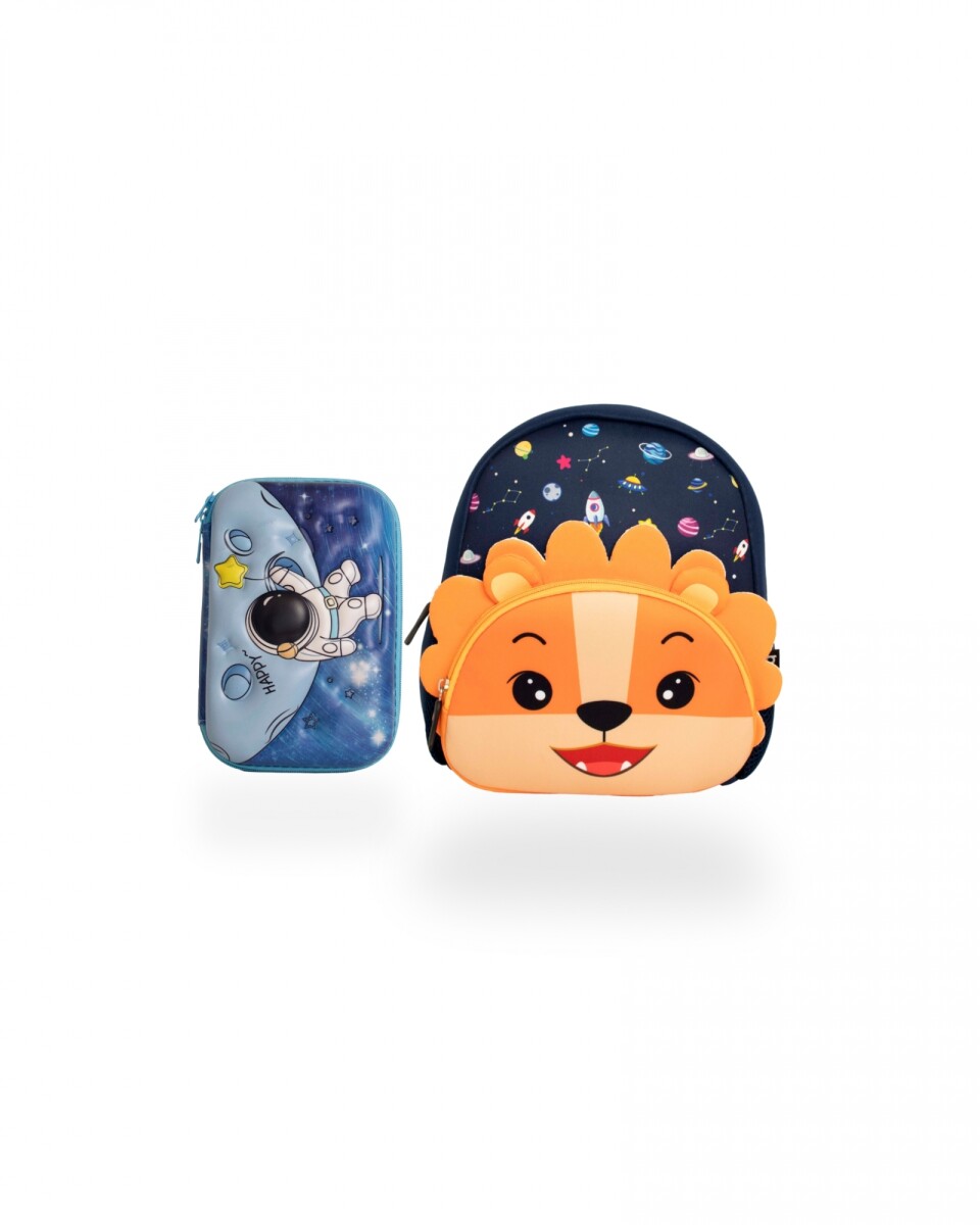 Set de mochila infantil de neopreno y cartuchera con divisiones brio - set-astronauta-león 