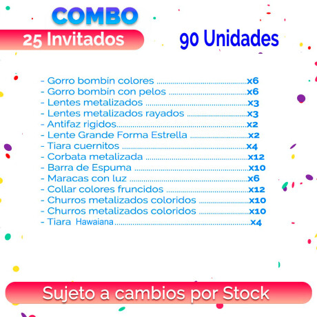 Combo Cotillon Metalizado 25 Invitados - 90 Articulos Combo Cotillon Metalizado 25 Invitados - 90 Articulos