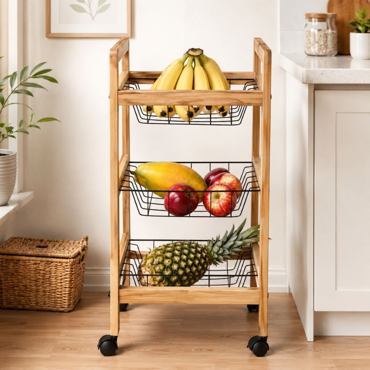ESTANTE FRUTERO DE MADERA 3 CANASTOS CON RUEDAS TRAMONTINA 