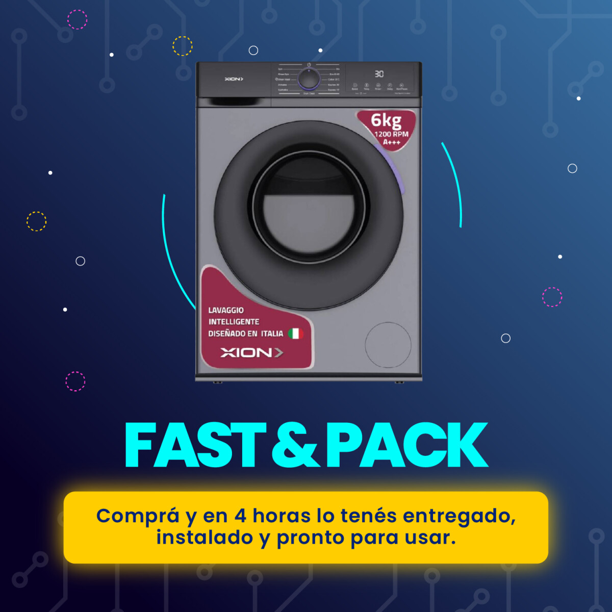 Fast&Pack Lavarropas 6kg Xion carga frontal gris + Instalación 