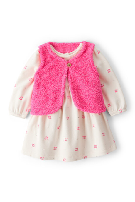Set dos piezas, vestido de algodón y chaleco sherpa rosado Sin color